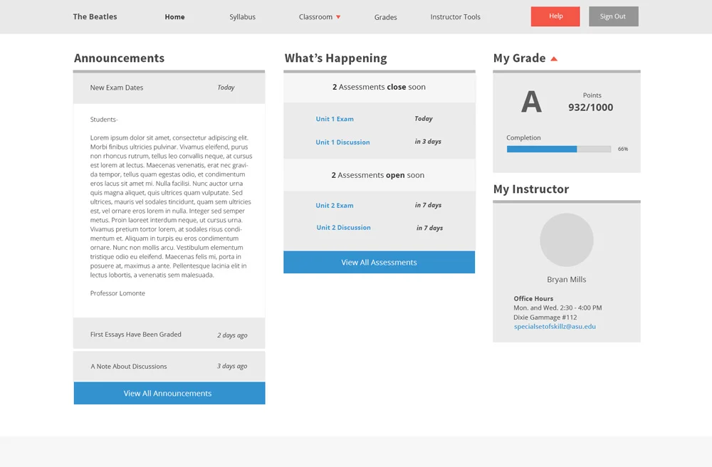 Early Holmes 2.0 interface mockup exploring a customizable classroom layout, later abandoned