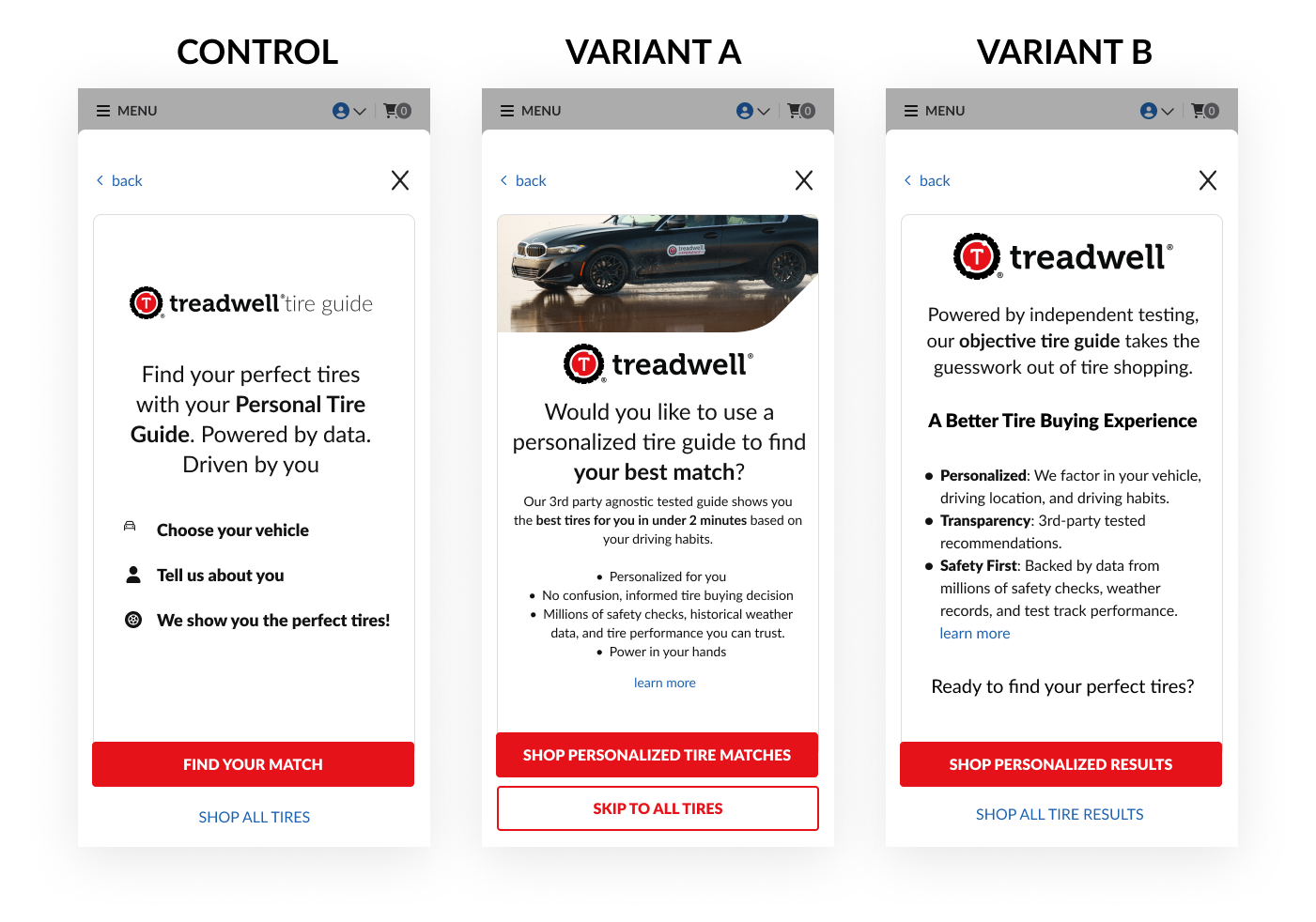 Three tested variants of the Treadwell Pre-Step screen: the existing experience and two redesigned concepts