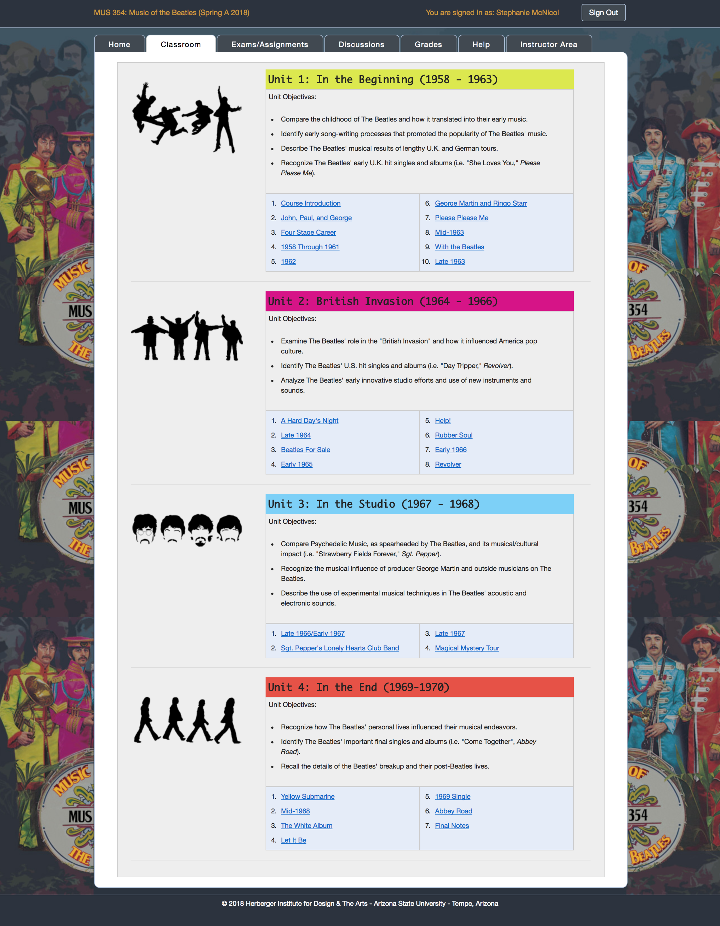 Reusable course template shell built from the Atlas design, shown with Beatles course content