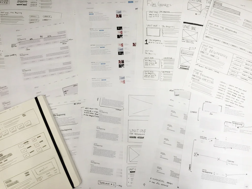 Early sketches exploring information architecture and layout concepts